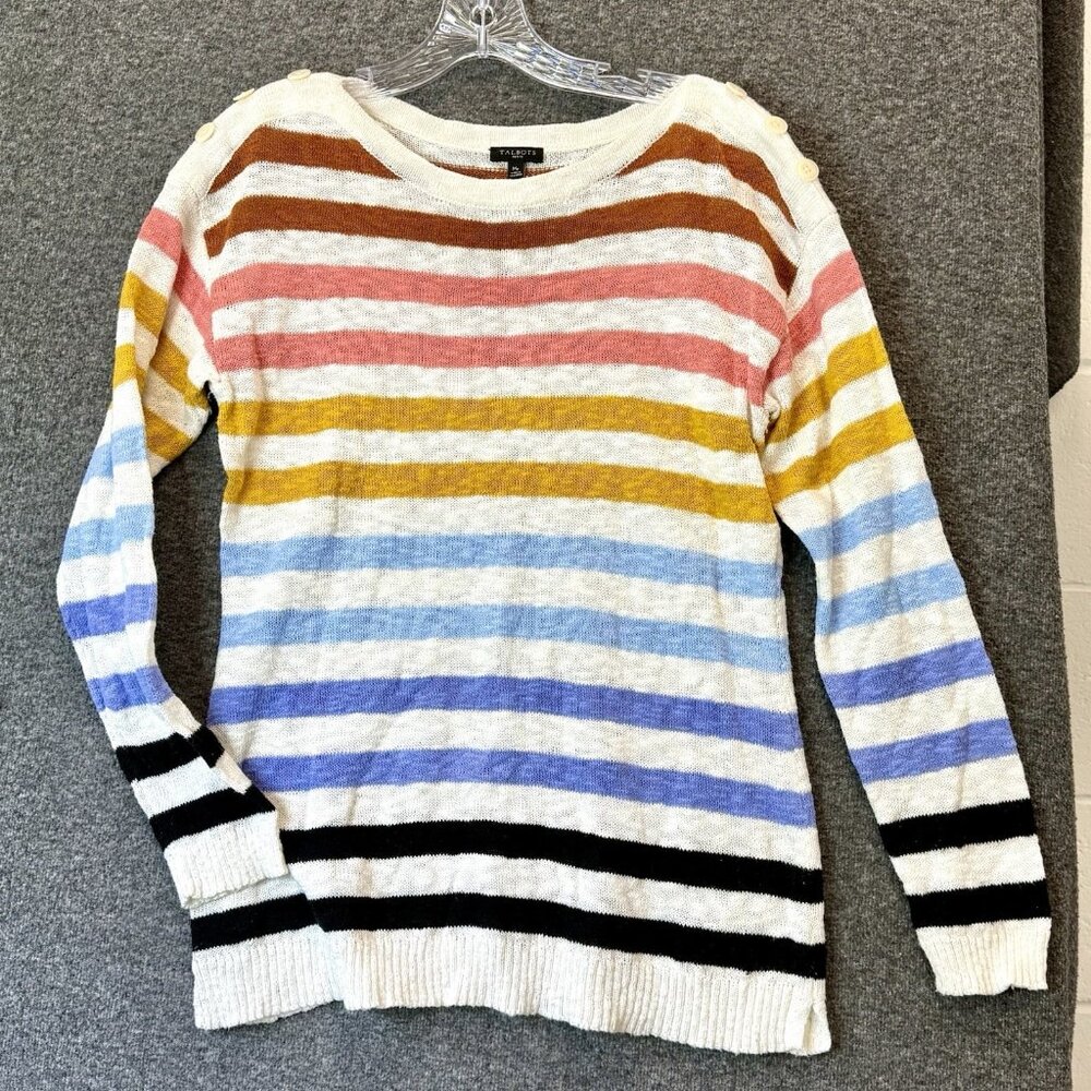 Talbots Striped Rainbow Colorful Pullover Sweater Light Weight Womens Petite Med